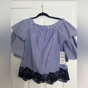 Zara Blue and White Striped Blouse with Black Lace XS